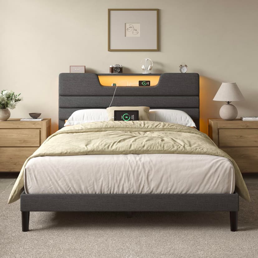 OURPIC Queen Size Bed Frames with Upholstered Headboard, Modern Platform Bed with Charging Station and Led Lights, Bed Frame with Sturdy Wooden Slats/No Box Spring Needed/2-Tier Storage, Grey