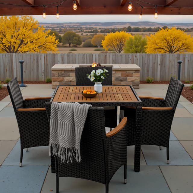 Greesum 5 Pieces Outdoor Patio Dining Set, Conversation Sets with 1 Table and 4 Rattan Chairs with Curved Acacia Wooden Armrests and Cushions, Black