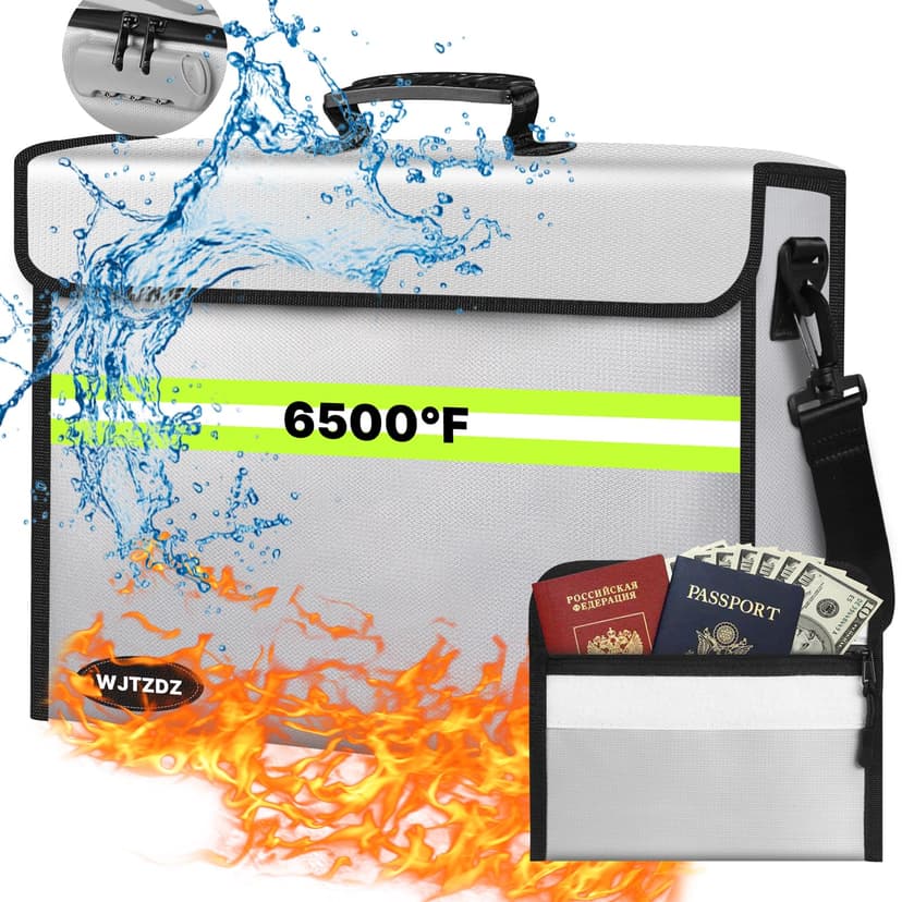Fireproof Money Bags with Lock-6500°F Fireproof Document Box,10 Layers Insulation Materials&Waterproof Zipper,Removable Folder Layers/Wallet,Reflective Strip for Cash,Valuables(14.2”x 9.6”x 4.1”)
