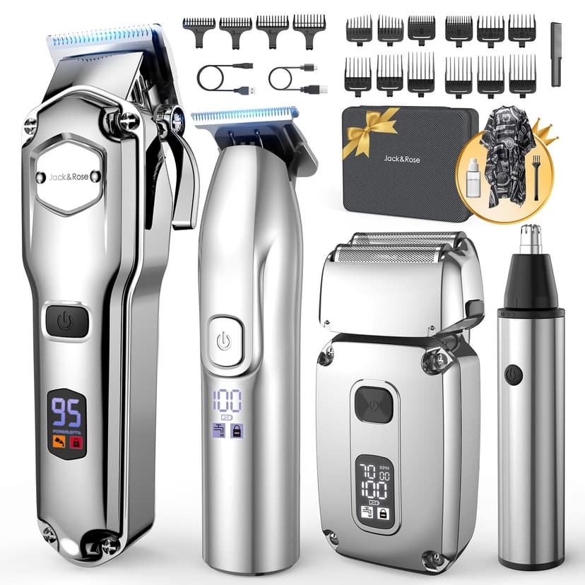 Jack & Rose Hair Clippers for Men Set Professional, Cordless Men Hair Trimmer, Electric Shavers, Barber kit, 4 in 1,LED Display, for Nose, Body, Bald Head
