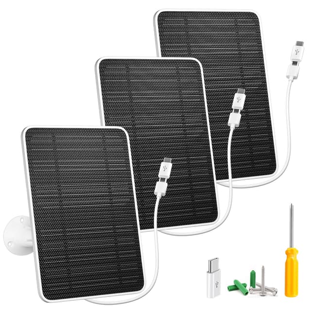 Solar Panel for Security Camera, 5W USB Solar Panel for DC 5V Security Camera, Micro USB & USB-C Port Solar Panel, IP65 Waterproof Solar Charger for Camera,360° Adjustable Mounting 13ft Cable, 3 Pack