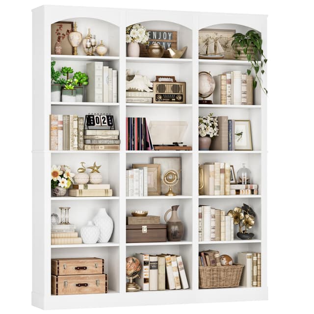 FACBOTALL 71" Triple Wide Bookshelf, 6 Tier Bookcase, Large White Bookshelf with Curved Baffle, 63.4" Wide White Bookcase with 18 Open Display Shelves for Living Room, Study, White