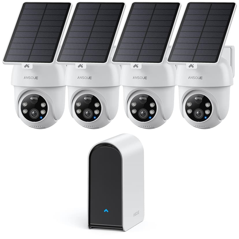 ANSQUE Security Cameras Wireless Outdoor Home System, 4 Camera Kit, No Subscription Fees, Solar Powered, Local Storage, 365-Day Battery Life, 360°PTZ Surveillance, Auto Tracking, 2K Color Night Vision