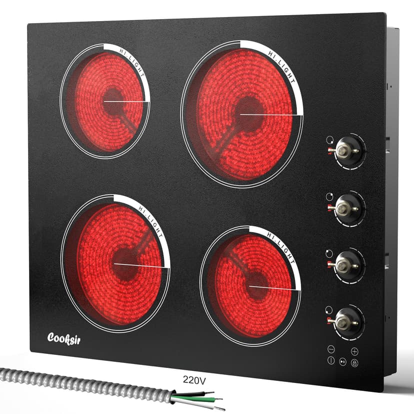 Cooksir 24 Inch Electric Cooktop - 4 Burner Built-in(22.05"x19.3") Glass Ceramic Stovetop 6000W, 220V Electric Stove Touch and Knob Control, Safety Lock, Pause, 99 Min Timer, 240V Hard Wire(No Plug)