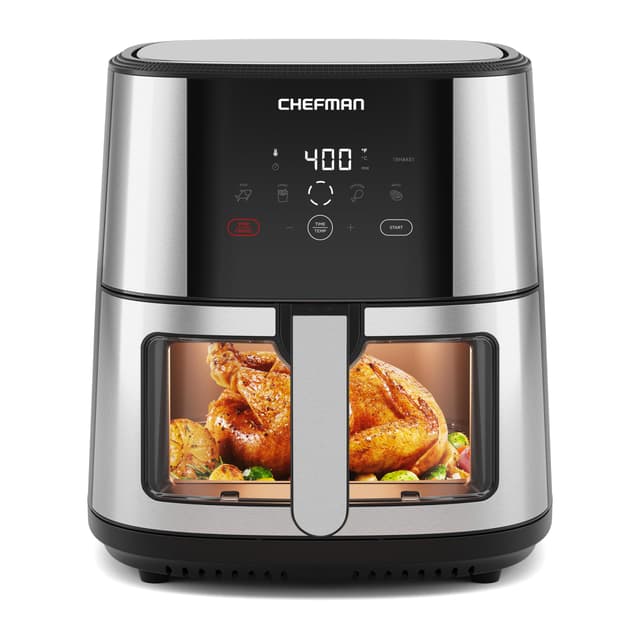 CHEFMAN Easy-View Air Fryer – 8 Qt Family Size with Viewing Window, One-Touch Digital Control with 4 Presets, Nonstick & Dishwasher Safe, Broil, Roast, Dehydrate, Bake, Auto-Shutoff, Stainless Steel