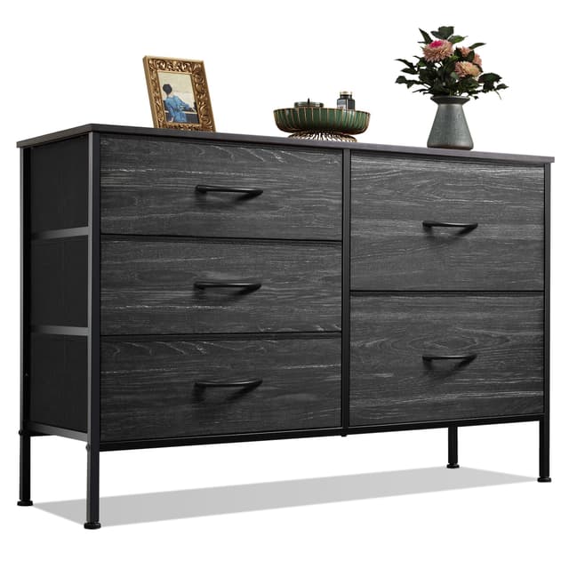 WLIVE Dresser for Bedroom with 5 Drawers, Wide Dressers with Drawer Organizers, Chest of Drawers, Fabric Dresser for Living Room, Closet, Hallway, Charcoal Black Wood Grain Print