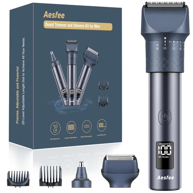 Beard Trimmer and Clippers Set for Men with Foil Shaver, Professional 3-in-1 Mens Shaving Fades Kit with Nose Trimmer, IPX7 Waterproof Wet/Dry, Precise Dial Adjustable 20 Settings, USB-C Rechargeable