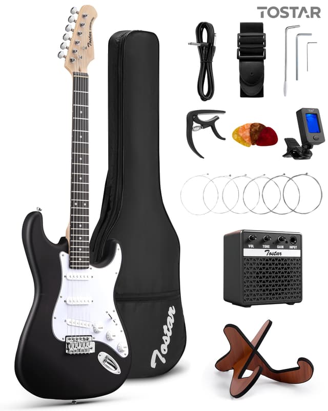 Tostar 39 Inch Full Size Electric Guitar Kit For Beginners And Adults,SSS Pickup Stratocaster Guitarra Electrica Set Includes Tremolo Bridge,Amp,Strings,Stand,Case Bag, Birthday Holiday Gifts, Black