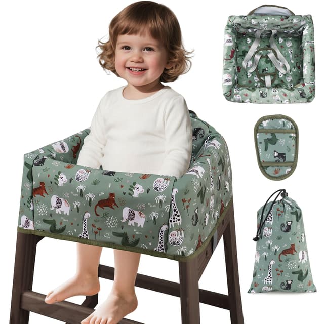 Lunobubo Baby High Chair Cover Restaurant with Strap Pads & 3-Point Harness, Machine Washable, Waterproof Portable Highchair Covers for Eating, Travel, Home Use - Fits Wooden Chairs, Green Dinosaurs