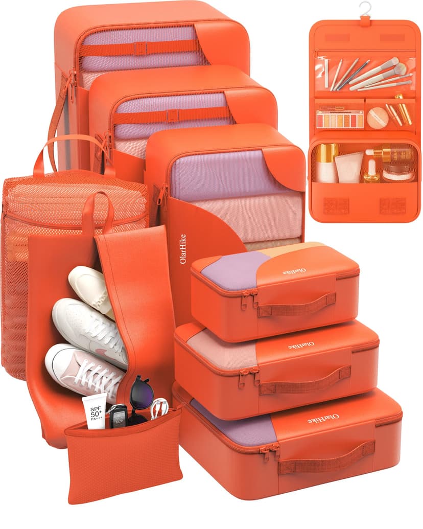 10 Set Packing Cubes for Travel, Gifts for Women Mom,Anti-Tearing Suitcase Organizer for Luggage with Shoe & Hanging Toiletry Bag,OlarHike Vacation Essentials & Accessories for Cruise Ship