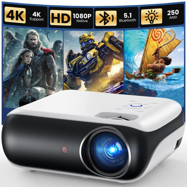 HAPPRUN Native 1080P Bluetooth Mini Projector, Full HD Portable Outdoor Movie Projector with Built-in Speaker, Compatible with Smartphone, HDMI, USB, AV, Fire Stick, PS5 for Home, Bedroom, Outdoor Use