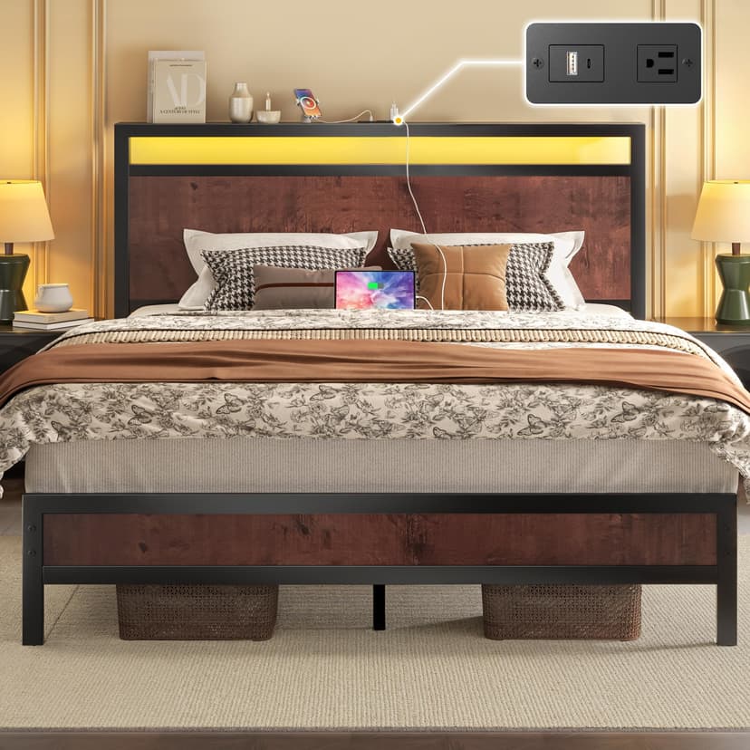 Fluest Queen Bed Frame with Headboard & Footboard, Bed Frame with Built-in Charging Station & LED Light, Storage Shelf, Noise-Free, No Box Spring Needed, Easy Assembly, Coffee Brown