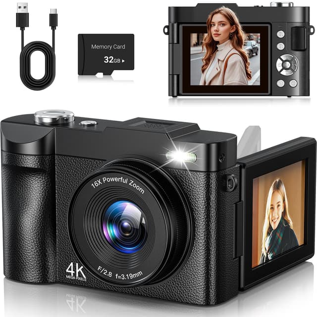 ANVOSCI 4K Digital Camera 50MP Autofocus Vlogging Camera for YouTube with 2.8" 180° Flip Screen, 16X Digital Zoom Camera with 32GB Card for Beginner Boys Girls