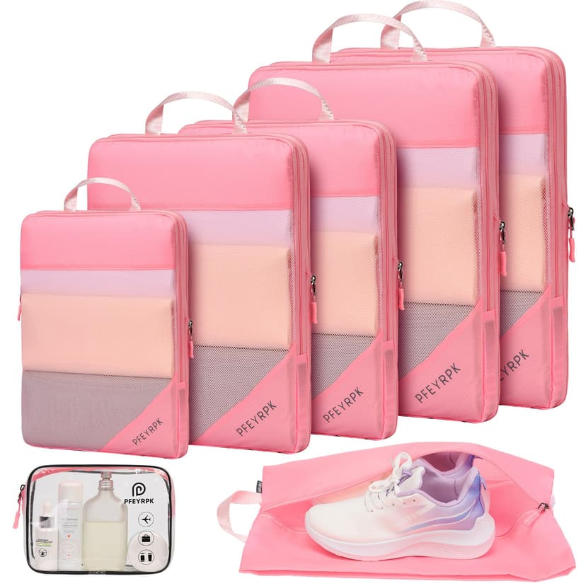 PFEYRPK Compression Packing Cubes for Travel - Compressible, Lightweight, and Space-Saving Packing Cubes, Travel Essentials for Efficient Organizers (Pink, 7 Set)