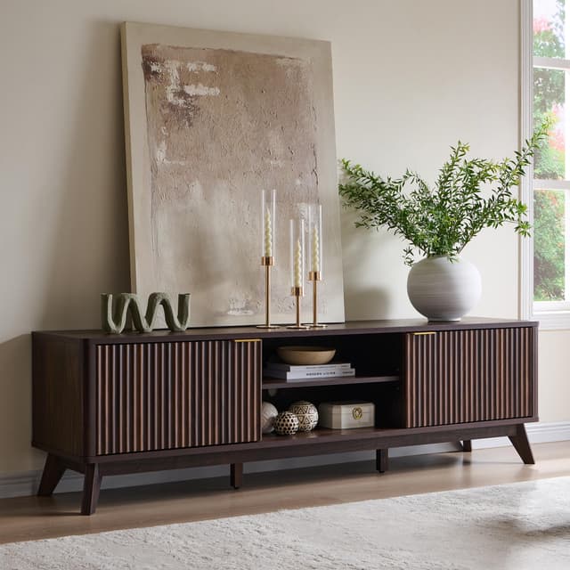 OKD 70" Mid Century Modern Fluted TV Stand, Entertainment Center, Sideboard, Media Console for Living Room with 2 Soft Close Door/Adjustable Shelves (Dark Walnut)