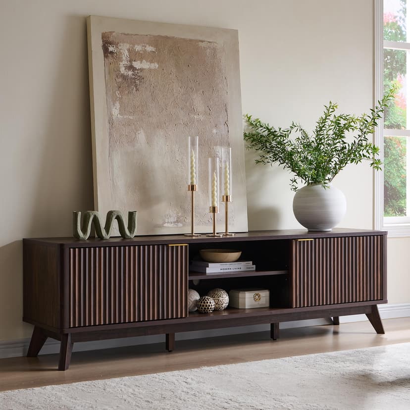 OKD 70" Mid Century Modern Fluted TV Stand, Entertainment Center, Sideboard, Media Console for Living Room with 2 Soft Close Door/Adjustable Shelves (Dark Walnut)