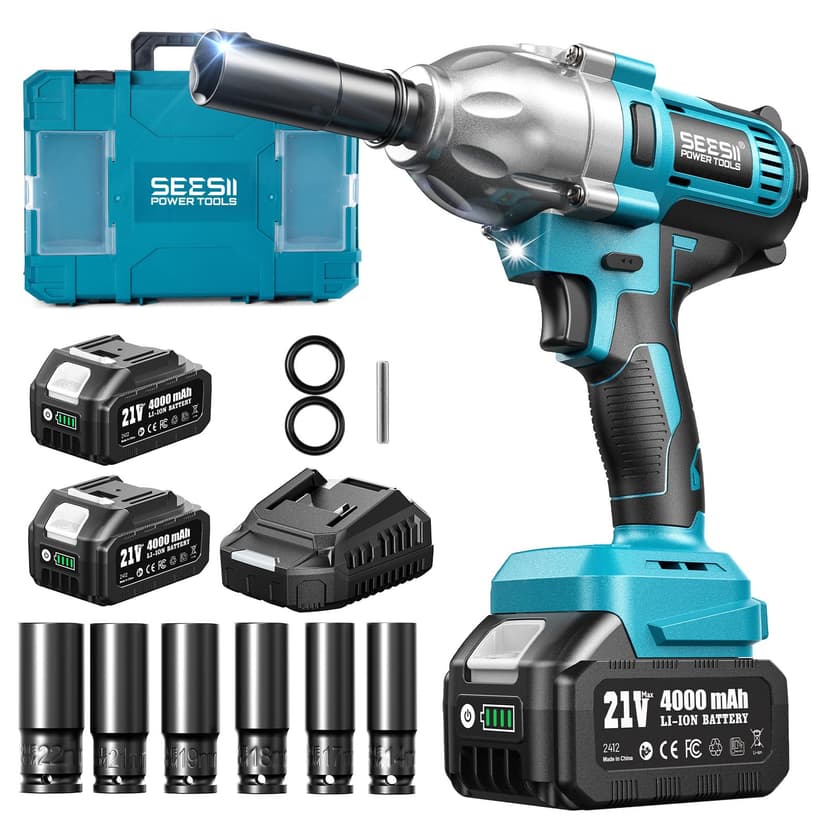 Seesii Impact Wrench 665 FT-LBS(900N.m) 3300IPM 1/2 Impact Gun High Torque Electric Impact Driver Cordless Impact Wrench with 21V 2x4.0Ah Battery 6 Sockets&Case for Home Car Tire Lug Nut Removal Tool