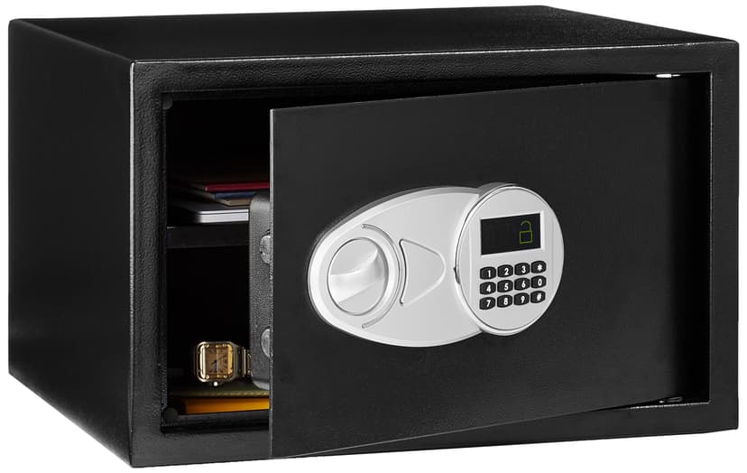 Amazon Basics Steel Security Safe and Lock Box with Digital Keypad, Easy to Use, Removable Shelf, Secure Cash, Jewelry, Documents, Black, 1.2 Cubic Feet, 16.9-x-14.6-x-10.6-inches (WxDxH)