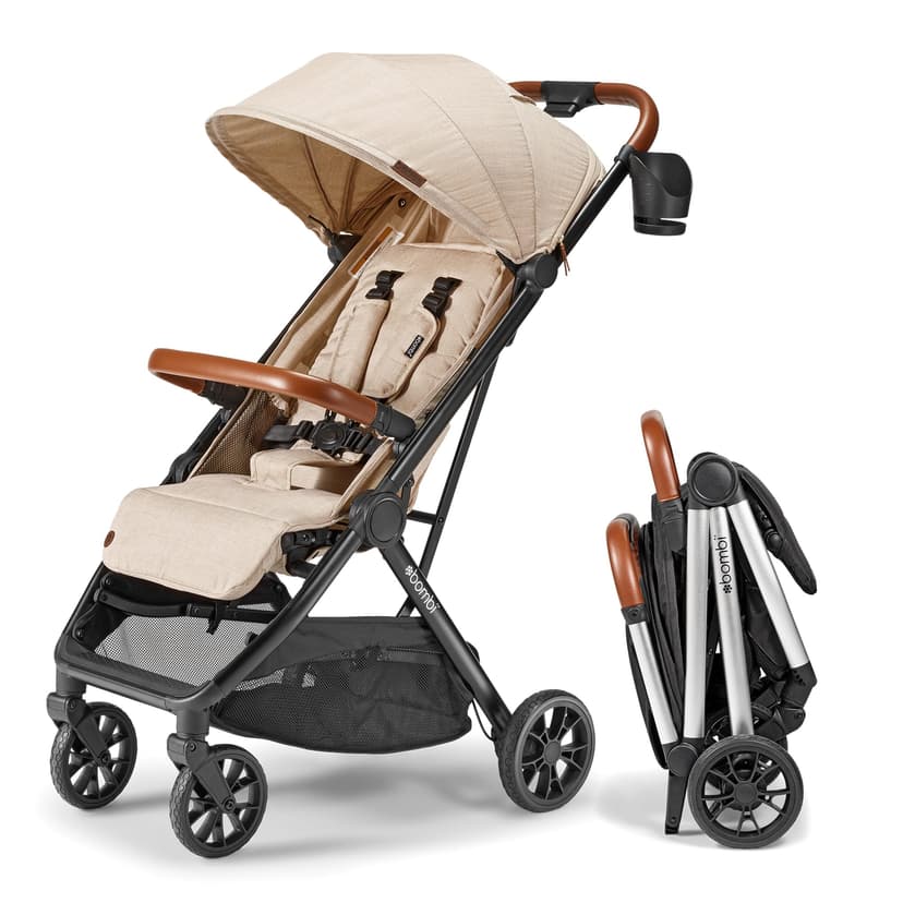 Bombi Bēbee V2 Lightweight Baby Stroller - Premium Vegan Leather, One-Hand Fold, Infinite Recline, Aircraft-Grade Aluminum Frame, XXL Canopy, and Ample Storage Umbrella Stroller - Sand