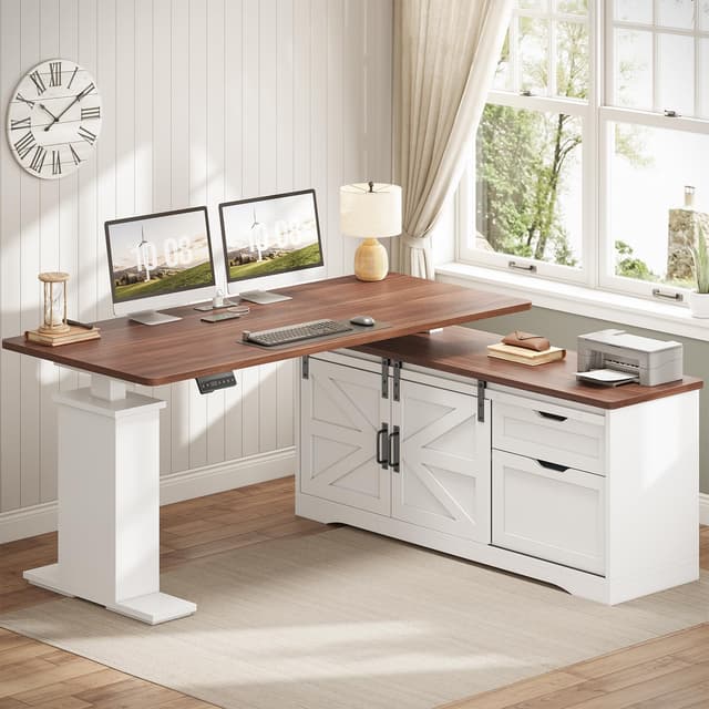 SEDETA Farmhouse L Shaped Standing Desk, 55 inch Height Adjustable Corner Desk with Storage Drawers, Standing Computer Desks with Power Outlets for Home Office, White