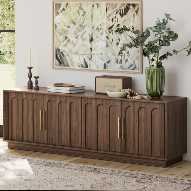 FORTUNETEC TV Stand for 75 Inch TV, Mid Century Modern TV Stand with Arched Design, Wood Grain Finish, Media Console with Adjustable Shelves, 67" Entertainment Center for Living Room Bedroom, Walnut