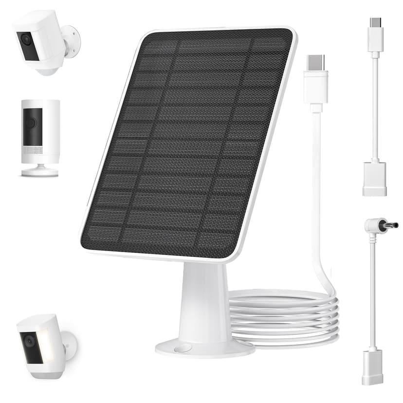 5W Solar Panel for Ring Camera, Solar Panel Charger Compatible with Ring Spotlight Plus/Pro Stick Up Outdoor Cam Battery, 10ft Cable with USB-C to Barrel Plug Adapter & Micro-USB Adapter, 1 Pack