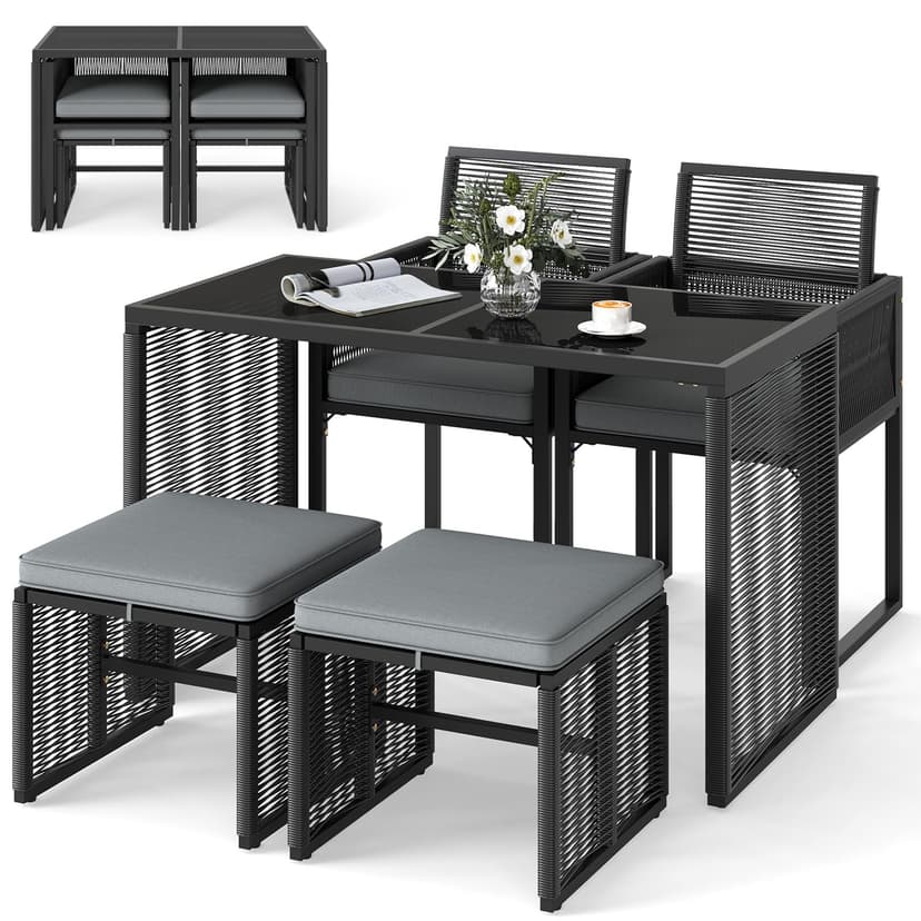 Tangkula 5 Pieces PE Wicker Patio Dining Set, Outdoor Conversation Set with Cushions, Space-Saving Patio Rattan Chair and Tempered Glass Table Set with Ottomans for Garden, Backyard & Poolside