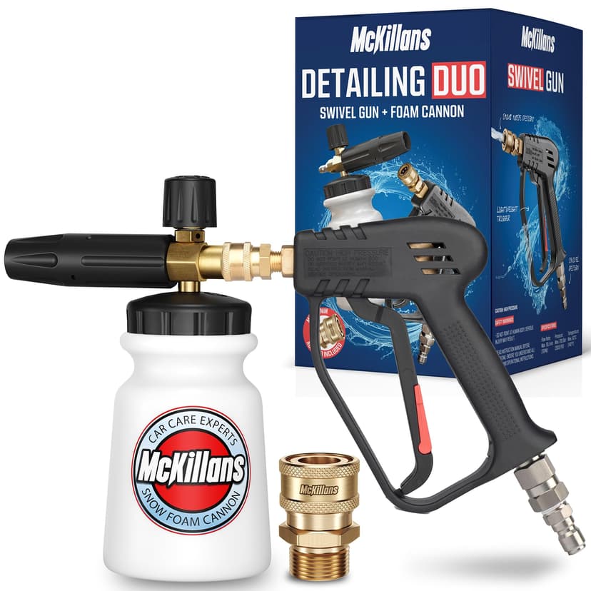 McKillans Pressure Washer Gun with Swivel & Foam Cannon Wide Mouth & M22-14mm Adapter - Adjustable Thick Foam - Power Washer Gun - 3/8" Male Plug & 1/4” Quick Connector Coupler