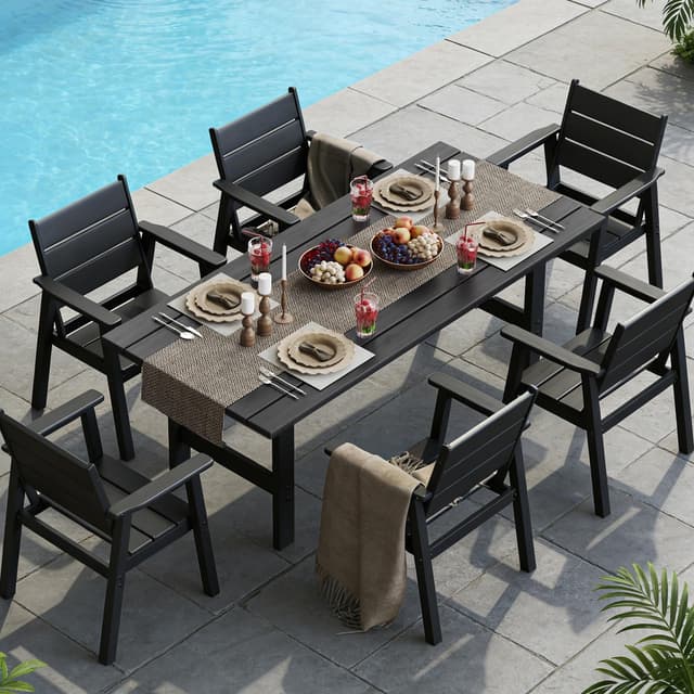 Polyhouz Outdoor Dining Set for 6, 7-Piece Patio Table and Chairs Set, HDPE Outdoor Dining Table and Chairs with Umbrella Hole, All-Weather Dining Furniture Set,Black