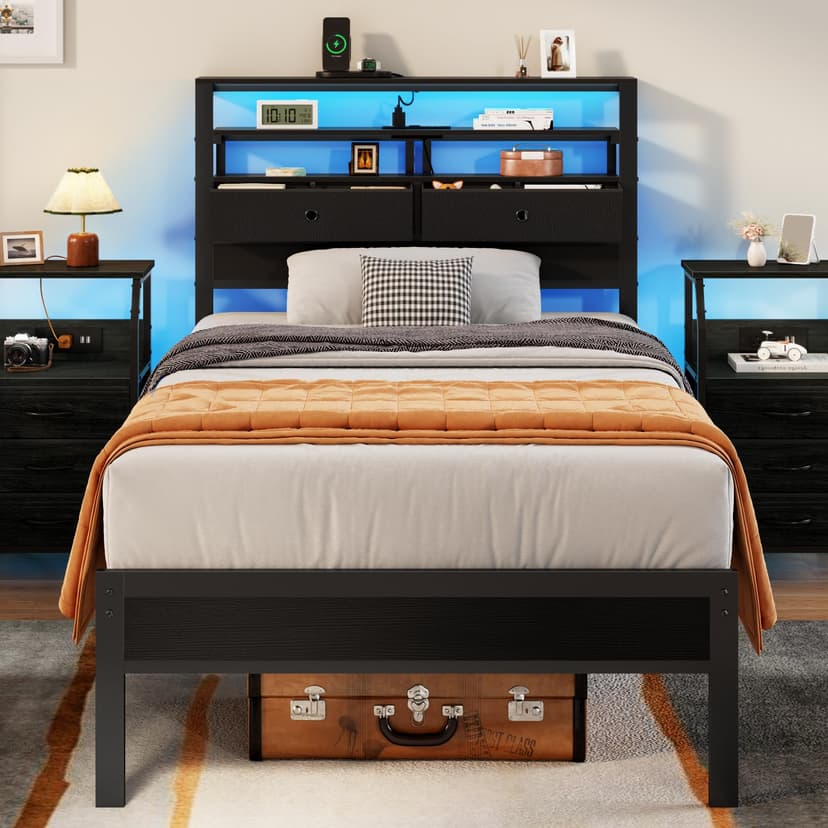 Furnulem Twin Bed Frames with Charging Station and LED Lights, Wood Headboard with 2 Fabric Drawers and Storage Shelves, Twin Size Platform Bed with Metal Slats, No Box Spring Needed, Black Oak