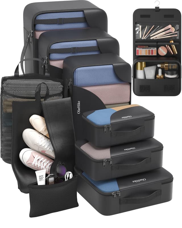 10 Set Packing Cubes for Travel, Gifts for Women Mom,Anti-Tearing Suitcase Organizer for Luggage with Shoe & Hanging Toiletry Bag,OlarHike Vacation Essentials & Accessories for Cruise Ship