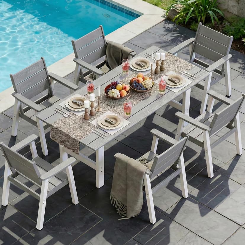 Polyhouz Outdoor Dining Set for 6, 7-Piece Patio Table and Chairs Set, HDPE Outdoor Dining Table and Chairs with Umbrella Hole, All-Weather Dining Furniture Set,White Grey