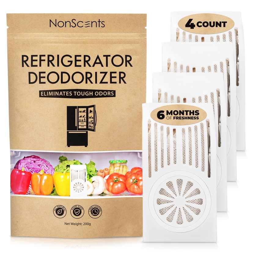 NonScents Refrigerator Deodorizer – Odor Eliminator for Fridge & Freezer – Outshines Baking Soda & Deodorizer with Activated Charcoal – Unscented & Long-Lasting, Freshen Refrigerator (4-Count)
