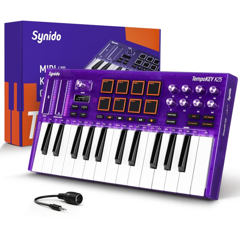 Synido USB C MIDI Keyboard Controller 25 Keys with 8 Backlit Drum Pads, OLED Screen, Portable MINI MIDI Keyboard for Music Production – Purple, TempoKEY K25