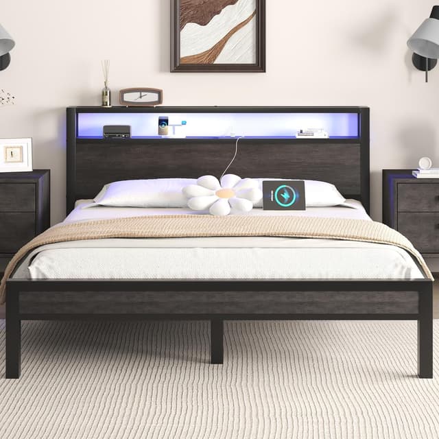 LOEWAY Queen Size Bed Frame with Storage Headboard and LED Lights, Industrial Platform Bed with Charging Station, Heavy Duty Metal Slats, No Box Spring Need, Noise Freee, Grey