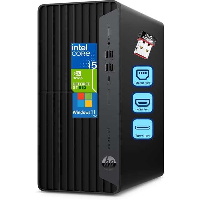 HP ProDesk 600 Microtower Business Desktop Computer, 16GB DDR4 RAM, 1TB PCIe SSD, Intel 6-Core i5-10400F, GeForce GT 610 2GB, WiFi Adapter, RJ45, HDMI, DVI-I Port, VGA, Type-C, Windows 11 Pro