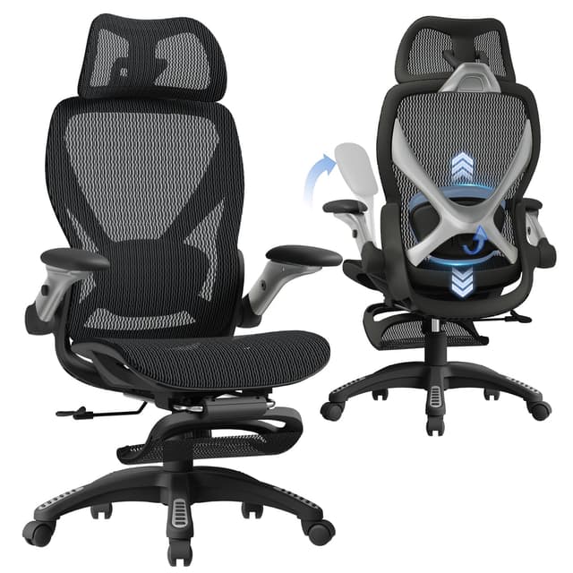 ELABEST X100 Ergonomic Mesh Office Chair with Footrest, Big and Tall Hone Desk Chair with 5D Flip-Up Arms, Adjustable 3D Lumbar Support,Gaming & Executive Computer Chairs
