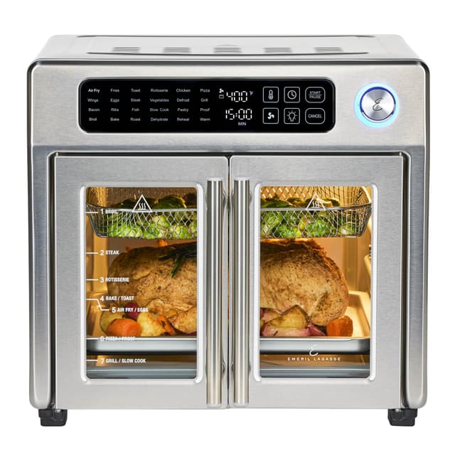 Emeril Lagasse Extra Large French Door Air Fryer Toaster Oven Combo, 24 Cooking Functions and Digital Controls, 7 Accessories Included, Stainless Steel Finish, 26QT Capacity