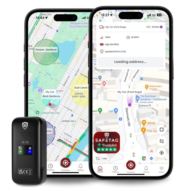 SafeTag Mini 4G - 4G LTE Rechargeable Mini GPS Tracker, Car, Van, Motorbike etc. 34-205 Countries, Real Time Tracking and Notifications, 7 Day Free Trial - Sim Included, 12 Month Warranty