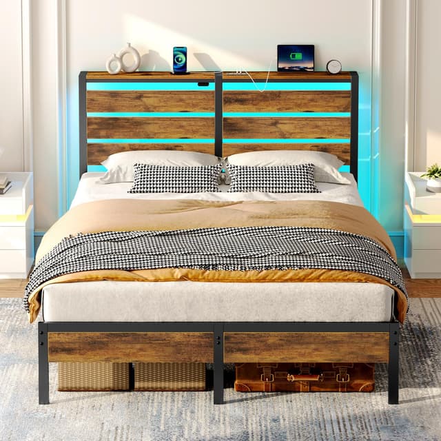 Rolanstar Bed Frame Full Size with USB Charging Station, LED Bed Frame with Wood Storage Headboard, Rustic Brown Metal Platform Bed with Under Bed Storage, No Box Spring Needed, Noise Free