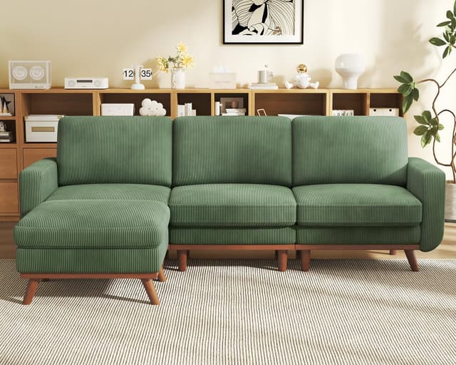 Vesgantti 97" L-Shape Modular Sofa, 3-Seat Corduroy Couch with Movable Ottoman, Sectional Sofa for Living Room, Green