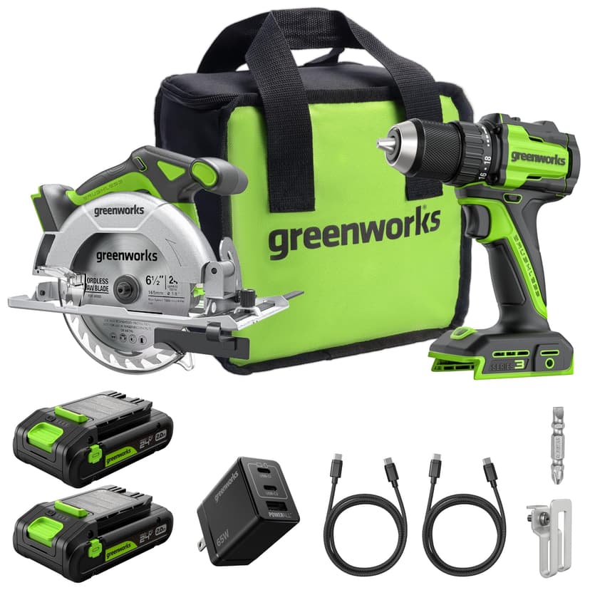 GREENWORKS 24V 1/2” Brushless Cordless Drill (400 In-lbs.) + 6.5” Circular Saw (4,800 RPM), (2) 2.0Ah (12,000mAh Power Bank) USB-C Batteries, Braided Cable, 65W Rapid Charger
