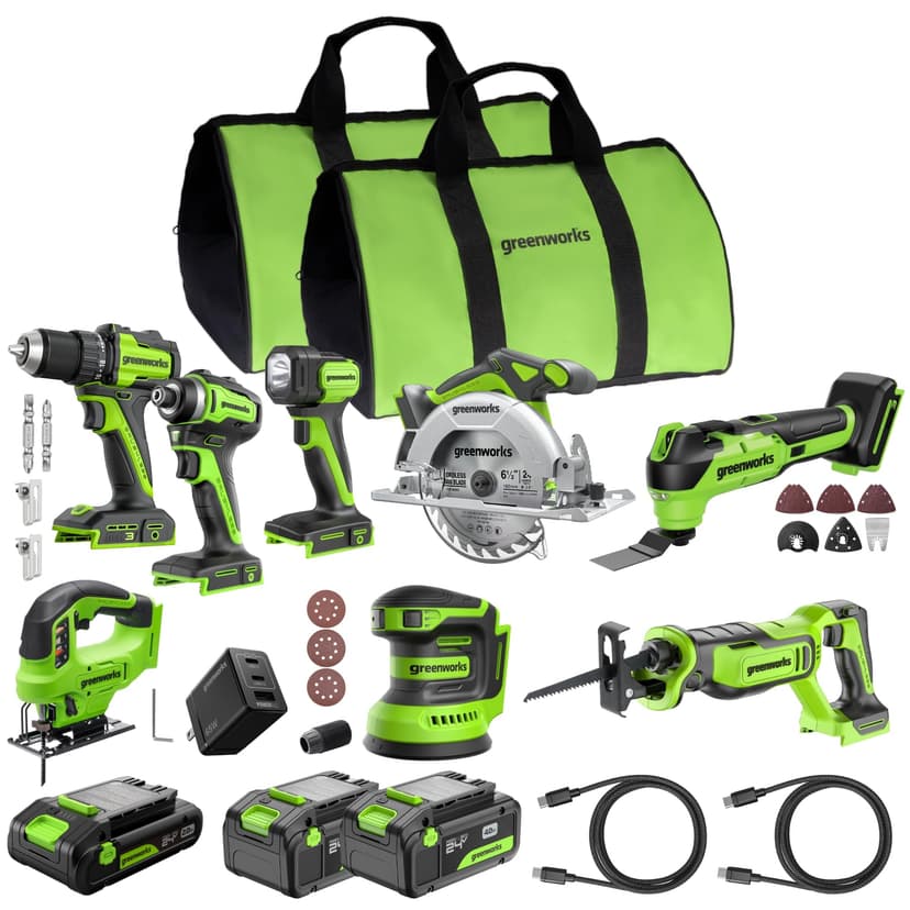 GREENWORKS 24V (8-TOOL) Combo (Drill, Impact Driver, Circular Saw, Reciprocating Saw, Jigsaw, Multi-Tool, Sander, Flashlight), 4.0Ah + (2) 2.0Ah (Power Bank) Batteries, (2) Cables, 65W Rapid Charger
