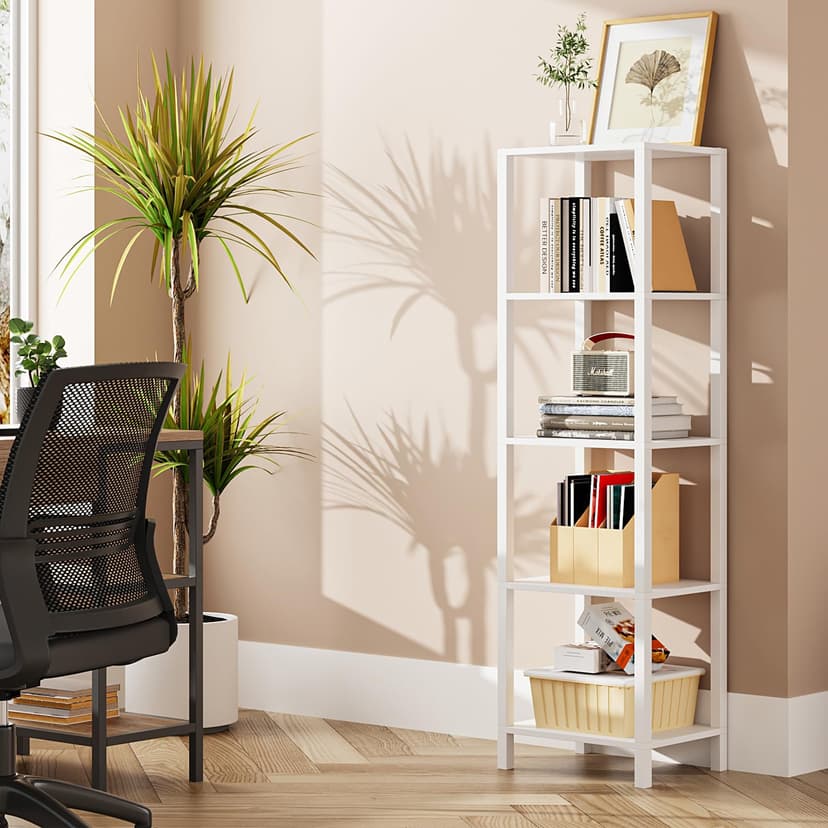 TUTOTAK Bookshelf, 5-Tier Tall Book Shelf, Narrow Bookcase for Small Space, DIY Stackable Bookshelf, for Living Room, Office, Study, Entryway, Industrial, White BS01BW005