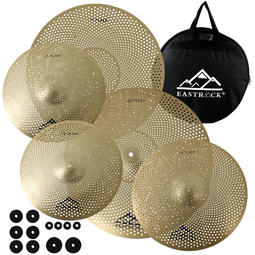 EASTROCK Golden Low Volume Cymbal Pack, 5 Pieces Cymbals for Drum Set (14"Hi-hat+16"Crash+18"Crash+20"Ride) with Cymbal Bag and Felts（Golden）