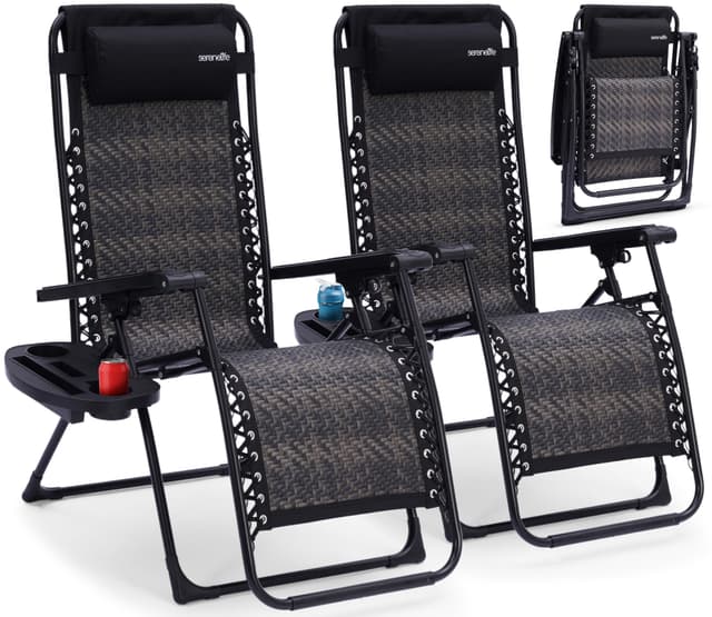 SereneLife Zero Gravity Lounge Chair Set of 2 – Outdoor Reclining Patio Chairs with Rattan Side Table, Cup Holder & Pillow Foldable Lawn Chairs for Patio Furniture, Garden, Beach, or Indoor Relaxation