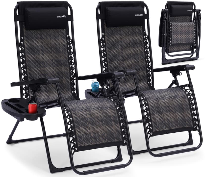 SereneLife Zero Gravity Lounge Chair Set of 2 – Outdoor Reclining Patio Chairs with Rattan Side Table, Cup Holder & Pillow Foldable Lawn Chairs for Patio Furniture, Garden, Beach, or Indoor Relaxation