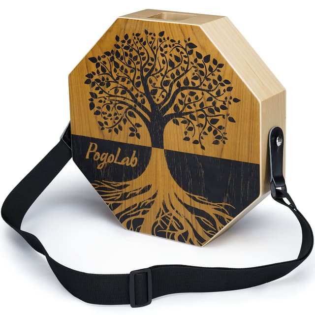 POGOLAB Two-tone Cajon, Portable Travel Wooden Drum with Adjustable Strap, Easy to Carry, Unique Appearance, Beautiful Percussion Instrument (Natural Brown)