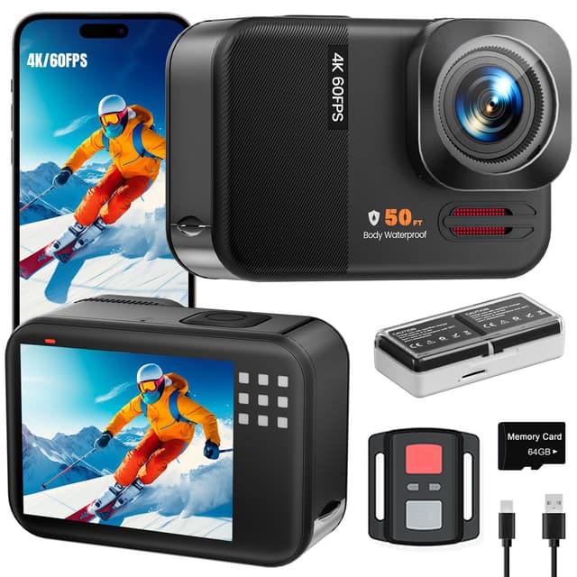 Euorosi 4K 60FPS 48MP WiFi Action Camera with Touch Screen, 50FT Underwater Waterproof Camera, No Case Needed, EIS Motorcycle Camera, 8X Zoom, 64GB Card, Remote Control, Batteries & Mounting Kits