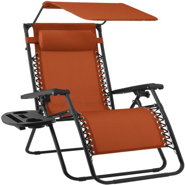 Best Choice Products 30” Wide Folding Zero Gravity Outdoor Recliner Patio Lounge Chair w/Adjustable Canopy Shade, Headrest, Side Accessory Tray - Burnt Orange
